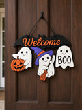 Cute Halloween Ghost Welcome Door Hanger | Bat Sign with Pumpkin, Witch & Boo Ghosts