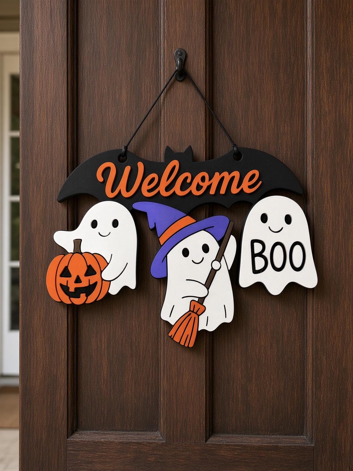 Cute Halloween Ghost Welcome Door Hanger | Bat Sign with Pumpkin, Witch & Boo Ghosts