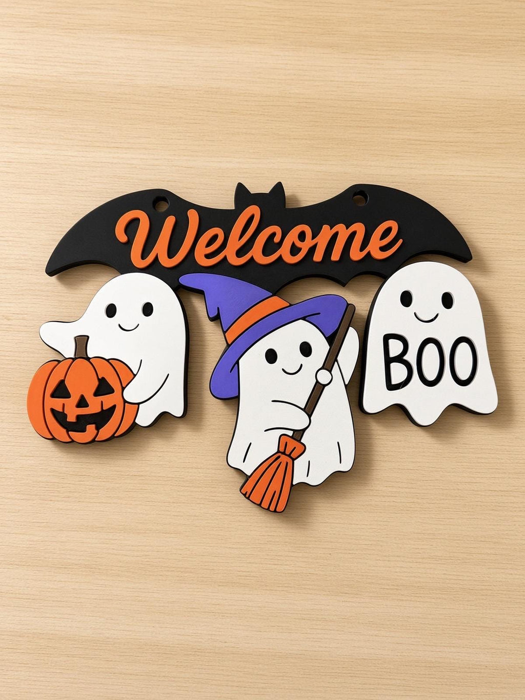 Cute Halloween Ghost Welcome Door Hanger | Bat Sign with Pumpkin, Witch & Boo Ghosts