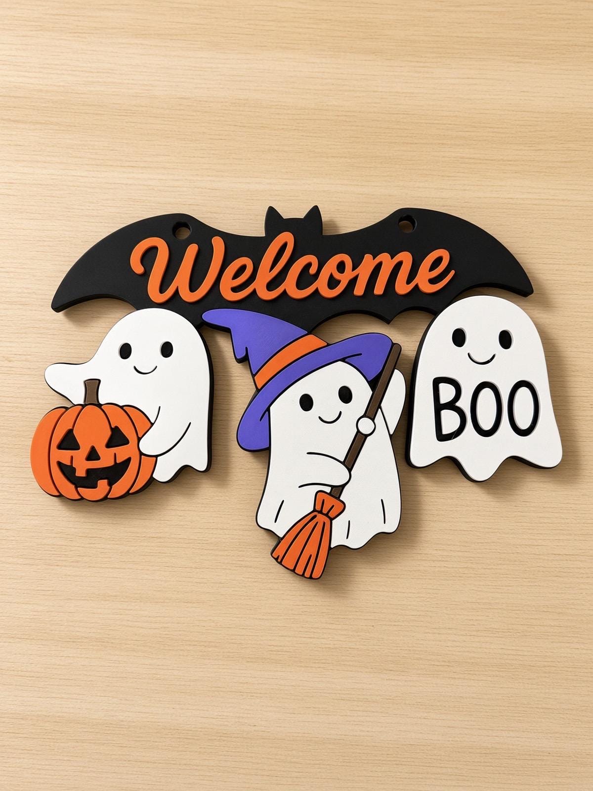 Cute Halloween Ghost Welcome Door Hanger | Bat Sign with Pumpkin, Witch & Boo Ghosts